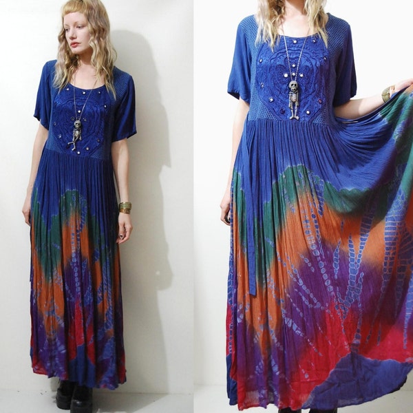 90s Vintage TIE DYE Babydoll Dress MIRRORS Embroidered Rainbow Bohemian Gypsy Boho Grunge Long Maxi S M