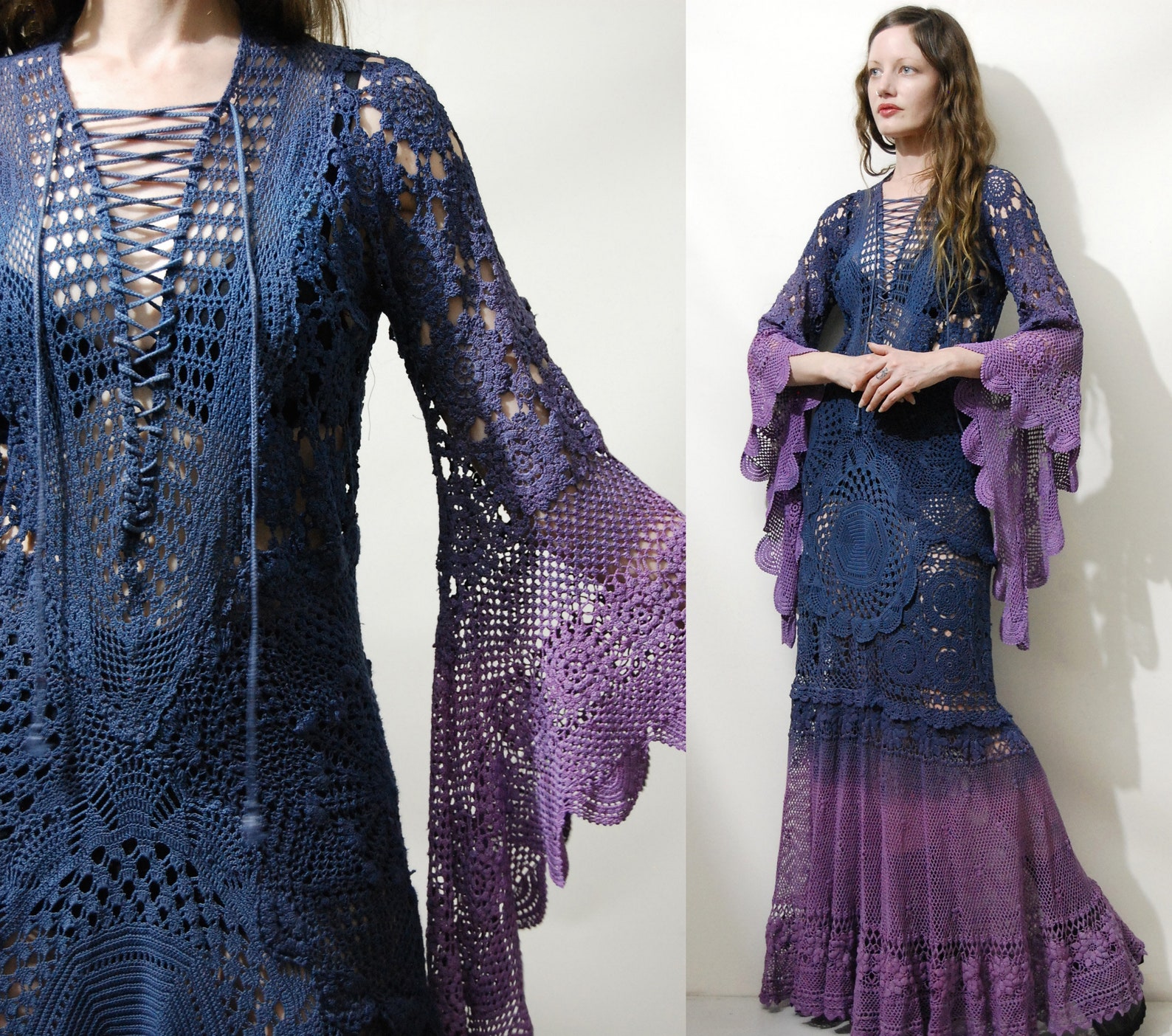 Crochet Dress VINTAGE LACE Bell Sleeve Purple Blue Ombre Etsy