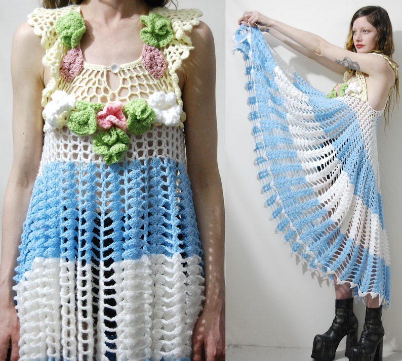 Pastel CROCHET DRESS Vintage Knit Lace Flowers Floral Scalloped Edge Fishtail Mermaid Handmade Vintage Boho Bohemian Kawaii Garden Candy XS