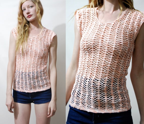 CROCHET Top 70s Vintage Tank Vest PASTEL Pink Tigh