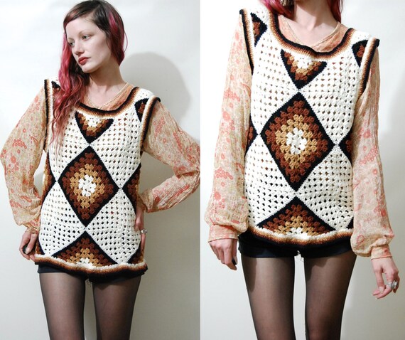 70s Vintage CROCHET Granny Square Sweater Vest Tun
