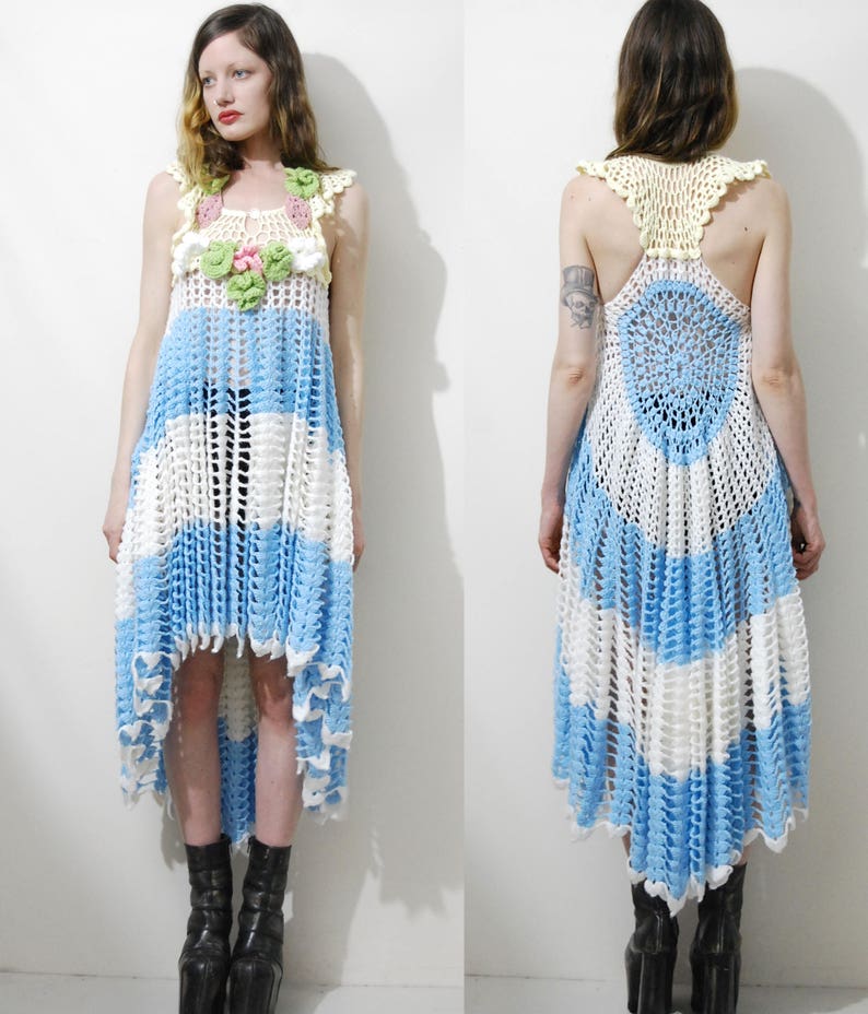 Pastel CROCHET DRESS Vintage Knit Lace Flowers Floral Scalloped Edge Fishtail Mermaid Handmade Vintage Boho Bohemian Kawaii Garden Candy XS
