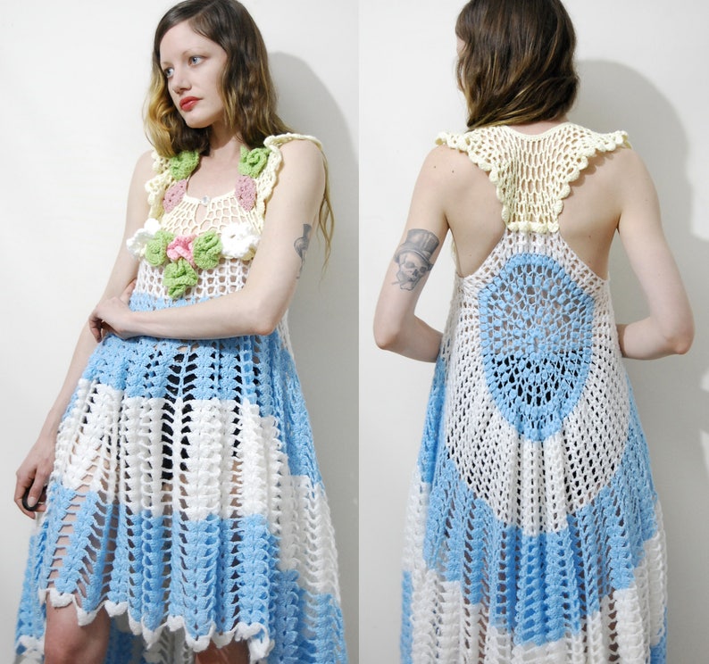 Pastel CROCHET DRESS Vintage Knit Lace Flowers Floral Scalloped Edge Fishtail Mermaid Handmade Vintage Boho Bohemian Kawaii Garden Candy XS