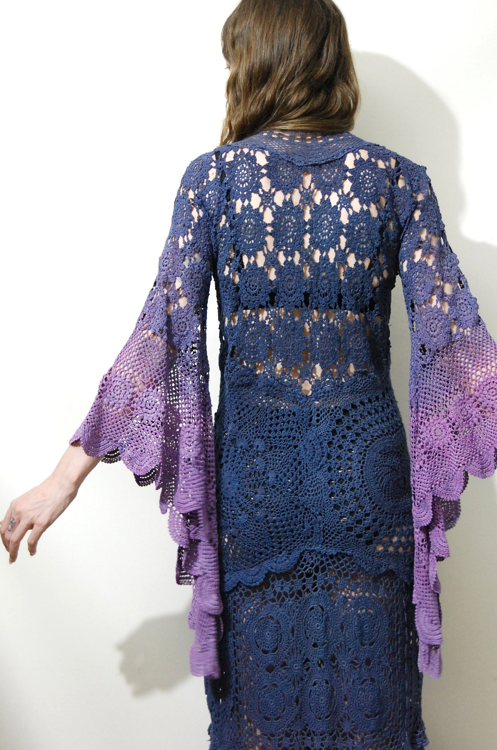 Crochet Dress VINTAGE LACE Bell Sleeve Purple Blue Ombre Etsy