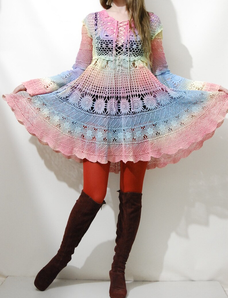 Bell SLEEVE Crochet Dress RAINBOW 70s Vintage Cotton Lace Etsy