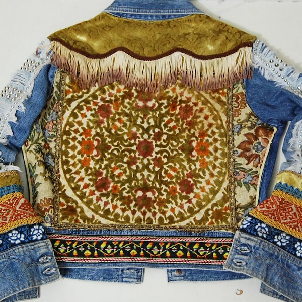 70s Vintage Bohemian DENIM JACKET Patchwork Velvet Studs Fringe Embroidery Tapestry Coat Hippie Gypsy 1970s vtg Handmade OOAK xs s