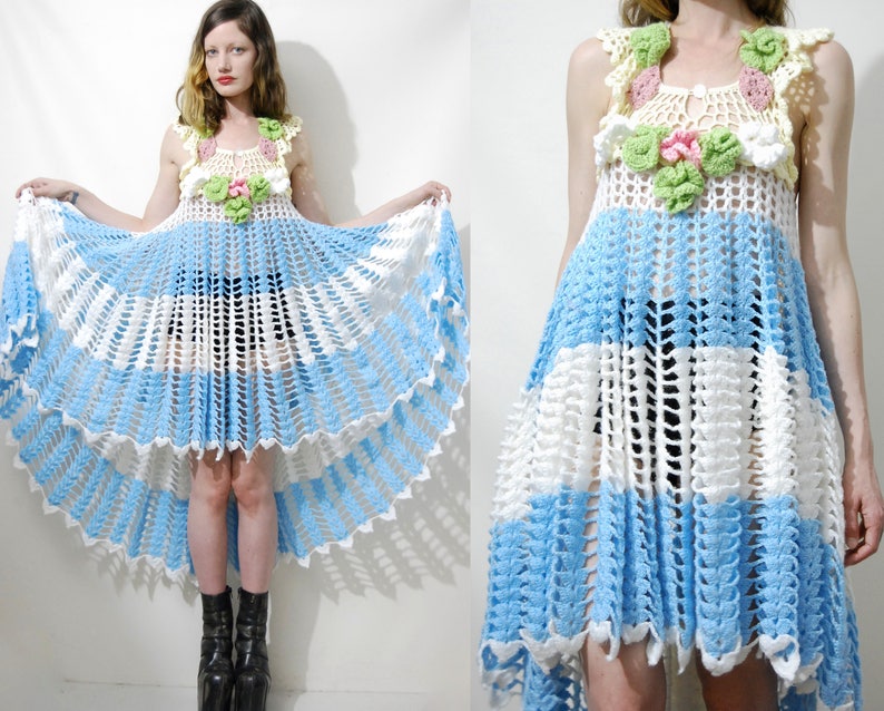 Pastel CROCHET DRESS Vintage Knit Lace Flowers Floral Scalloped Edge Fishtail Mermaid Handmade Vintage Boho Bohemian Kawaii Garden Candy XS