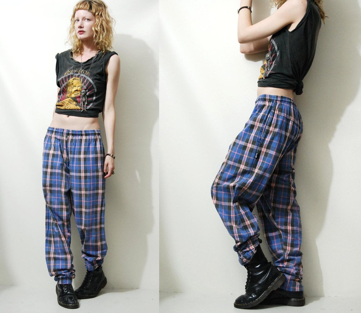 90s Vintage CHECK Plaid STUSSY Pants GRUNGE Cotton Baggy Trousers Slacks  1990s vtg S