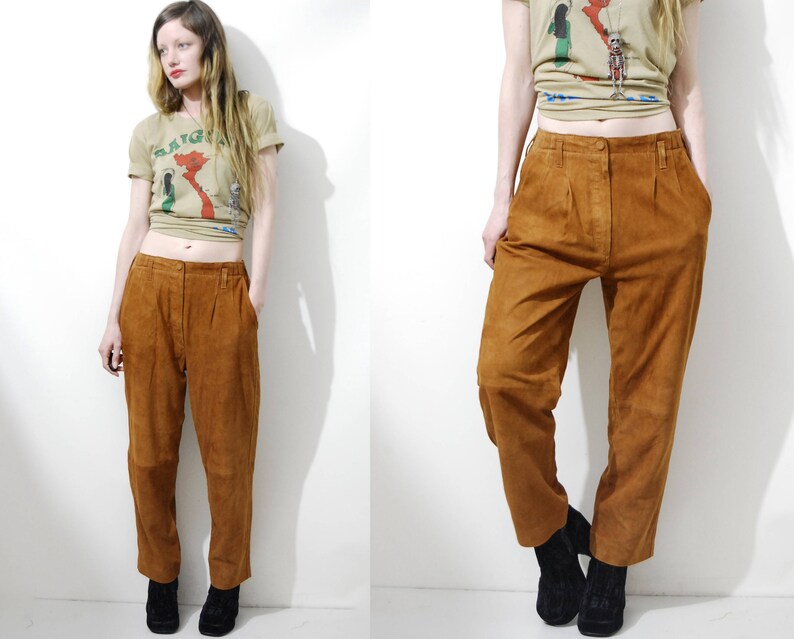 80s Vintage Tan Suede Pants Er Soft Leather Jeans Loose Fit Baggy Straight Leg Trousers 70s Style Bohemian Boho Hippie Vtg 1980s S M