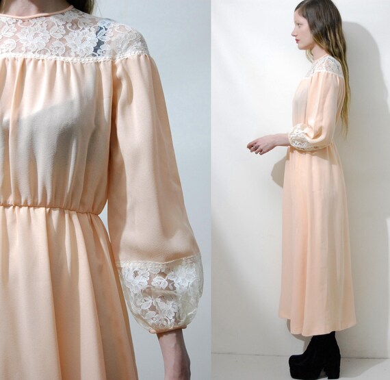 70s Vintage PASTEL APRICOT Dress Crepe /& Lace Trim Highwaisted Long Puff Sleeve Peach Boho Bohemian Hippie 1970s vtg XXS