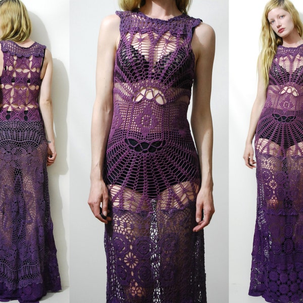 Crochet Dress VINTAGE LACE Spiderweb Purple OMBRE Long Maxi Sheer Grunge Gypsy Bohemian Boho Hippie ooak Handmade xxs xs s