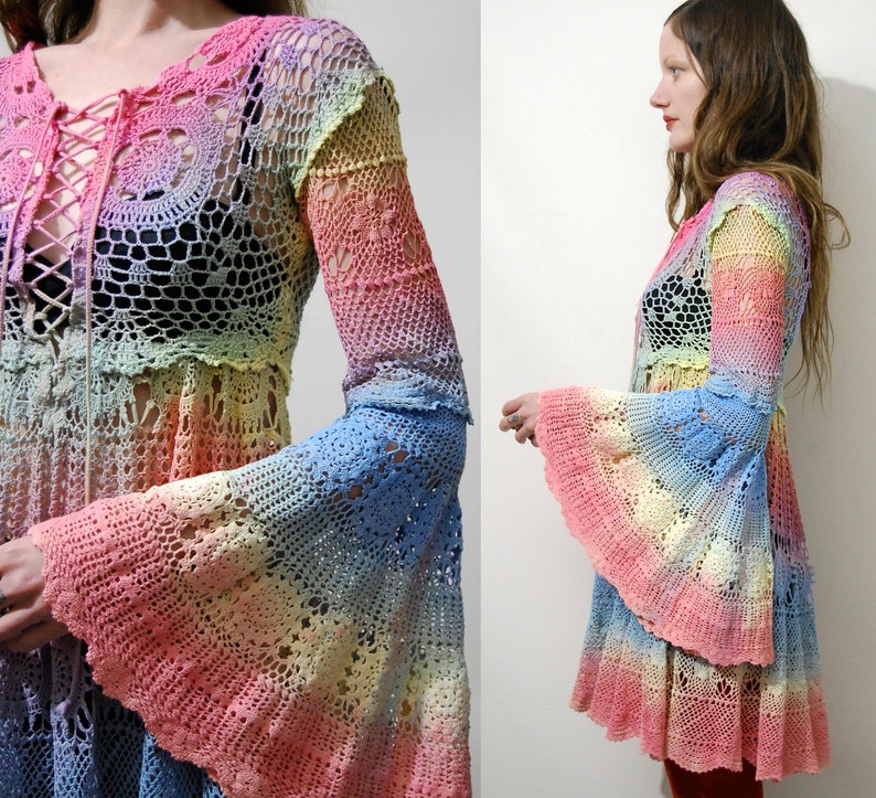 Bell SLEEVE Crochet Dress RAINBOW 70s Vintage Cotton Lace Etsy