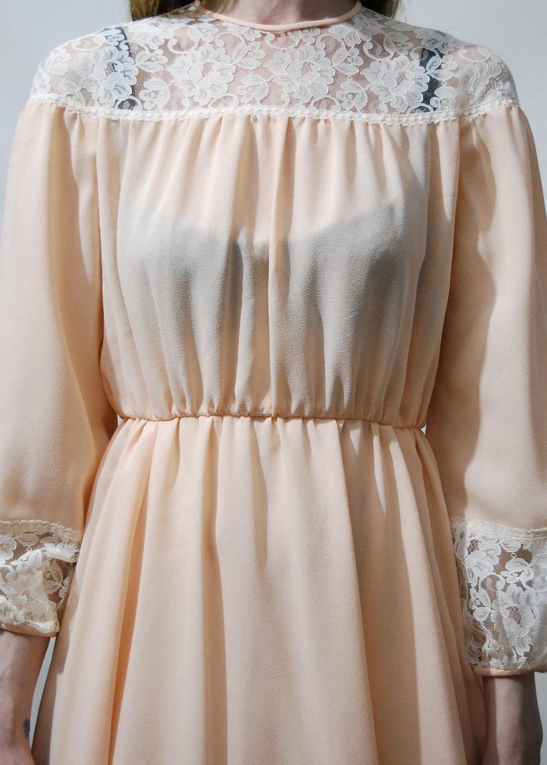 70s Vintage PASTEL APRICOT Dress Crepe /& Lace Trim Highwaisted Long Puff Sleeve Peach Boho Bohemian Hippie 1970s vtg XXS