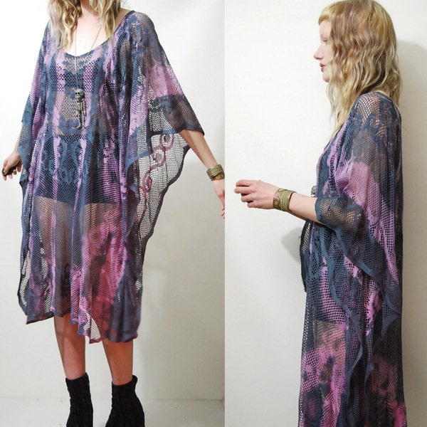 Lace Dress TIE DYE Sheer Mesh Net KAFTAN Tunic Bohemian Hippie Grunge Gypsy Handmade Ooak xs s m l