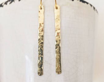 Simple Gold Bar Earrings | Gold Long Bar Earrings | Vertical Bar Earrings | Hammered gold bar earrings, Gold stick earrings