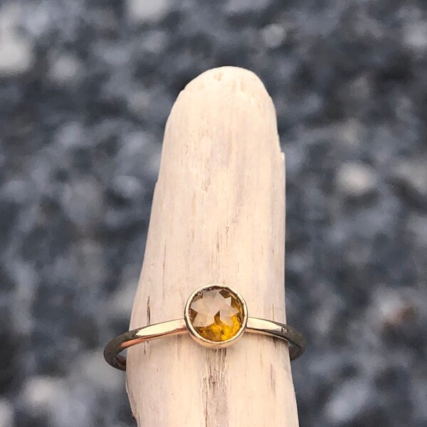 14k Yellow Gold Diamond Engagement Ring, Rose Cut Diamond Ring, Petite Diamond Ring, Hammered 14k Yellow Gold Diamond Ring, Caramel Diamond