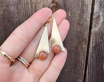 Triangle gold earrings- triangle dangle gold earrings- sunstone stone earrings - hippie earrings- gold earrings