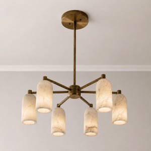 Italian Style 6-Light Alabaster Chandelier, Vintage Brass Ceiling Fixture, Mid Century Modern Statement Light