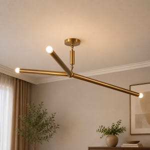 Linear Brass Chandelier, Mid Century Modern Ceiling Lamp, Dining Room Light