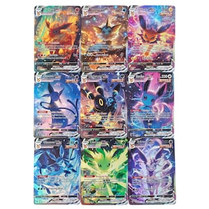 Eeveelutions EEVEE Flareon Espeon Glaceon Jolteon Leafeon Sylveon Umbreon VMAX Single Strike Custom 9-Card Set, Full Art Holo Proxy Cards