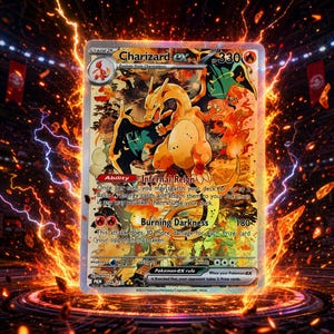 May include: A Charizard ex trading card featuring a fiery orange dragon-like creature with black wings. The card displays 330 HP, the Infernal Reign ability, and the Burning Darkness attack. The background is a vibrant, swirling orange and yellow flame.