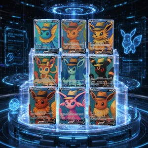 Könnte beinhalten: Eine Sammlung von neun Eevee Evolution V-Serie Sammelkarten, angeordnet in einem drei-mal-drei Raster. Jede Karte zeigt eine andere farbenfrohe Kreatur mit einem braunen Fedora-Hut, präsentiert auf einem durchsichtigen, gestuften Ständer.