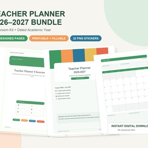 Può includere: Un pacchetto di pianificatore per insegnanti 2026-2027 con kit per l'aula e anno accademico datato. Il set digitale include 30 pagine progettate, formati stampabili e compilabili e 32 adesivi PNG. Le pagine mostrano calendari mensili e layout.