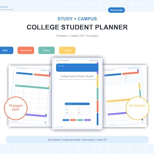 Può includere: Un set di pianificatori digitali per studenti universitari con modelli PDF stampabili e compilabili. Include tracker per lezioni, compiti, esami e voti con schede colorate, 16 pagine ciascuno e 32 adesivi. Testo: Study + Campus, College Student Planner, Study bundle.