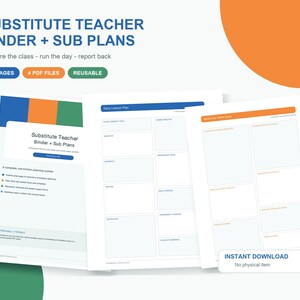 Può includere: Un set digitale di raccoglitore per insegnanti supplenti e piani di lezione che include 25 pagine e 4 file PDF. I documenti includono un modello di piano di lezione giornaliero e un modulo di rapporto "While You Were Away" con intestazioni blu e arancioni.