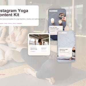 Può includere: Un kit di contenuti Instagram per lo yoga con modelli Canva modificabili per insegnanti di yoga e brand del benessere. Include 38 modelli per post, storie, reel e highlight, presentati con layout di esempio che mostrano immagini e testo.