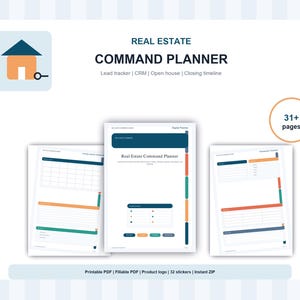 Può includere: Un set di documenti digitali Real Estate Command Planner di oltre 31 pagine, che include tracker dei lead, CRM, open house e cronologia di chiusura. Pagine bianche con accenti blu scuro, arancioni e verde acqua, icona casa e testo.