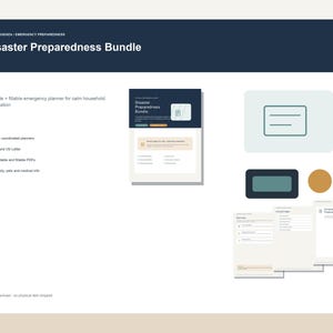 May include: A Disaster Preparedness Bundle digital planner set featuring a dark blue header, white text, and multiple document pages. The layout includes checkmarks for five coordinated planners, A4 and US Letter sizes, and fillable PDF options.