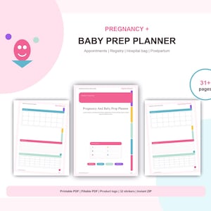 Può includere: Un pianificatore digitale per la gravidanza e la preparazione all'arrivo del bambino di oltre 31 pagine, con colori rosa, turchese e viola. Include sezioni per appuntamenti, lista nascita, borsa ospedale e post-parto, in formato PDF.