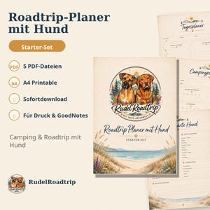 Road trip planner with dog (PDF), camping with dog starter kit, packing list, daily planner, emergency card, campsite checklist, A4 printable