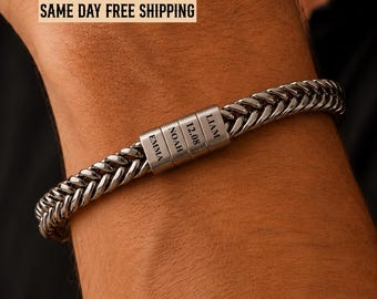 Personalized Mens Bracelets, Husband Gift, Stainless Steel Bracelet For Dad With Kids Family Name, Anniversary Christmas Gift for Boyfriend