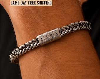 Personalized Mens Bracelets, Husband Gift, Stainless Steel Bracelet For Dad With Kids Family Name, Anniversary Christmas Gift for Boyfriend