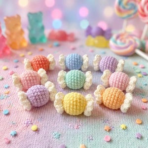 Könnte beinhalten: Eine Sammlung von neun kleinen, gehäkelten bonbonförmigen Ornamenten in verschiedenen Pastellfarben wie Orange, Blau, Lila, Rosa, Mintgrün und Gelb. Jedes Stück hat eine texturierte, abgerundete Mitte mit weißen, gerüschten Enden.