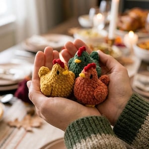 May include: Three small, crocheted chicken figurines in yellow, dark green, and rust orange. Each plush toy features a textured yarn surface, a small red comb on top, and a tiny yellow beak. The chickens are rounded in shape with small wings.