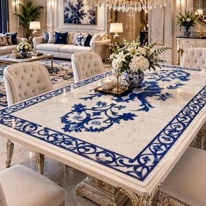 Mesa de comedor con incrustaciones de mármol, tablero de piedra azul lapislázuli con diseño floral, muebles de comedor de lujo hechos a mano, mesa rectangular, elegante decoración del hogar.
