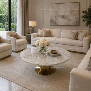Ronde salontafel van wit kwarts, luxe salontafel voor de woonkamer, cocktailtafel van natuursteen, moderne woondecoratie
