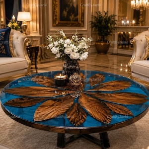 Round Olive Wood Epoxy River Coffee Table Blue Resin Table Handmade Live Edge Wood Table Luxury Living Room Furniture Statement Centerpiece
