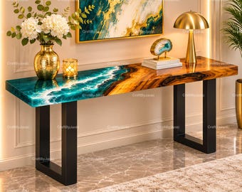 Handgjort Ocean River-bord Epoxiharts Träkonsol Modern Metallben Entrébord Strandhusinredning