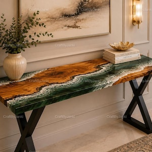 Consolle in resina di legno d'ulivo fatta a mano, tavolo d'ingresso con bordo naturale, tavolo con effetto fiume verde in resina epossidica, consolle moderna per corridoio, decorazione rustica di lusso