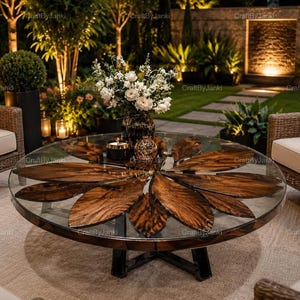 Ronde decoratieve salontafel met glazen blad, houten middentafel, handgemaakte luxe woondecoratie, moderne kunstmeubels