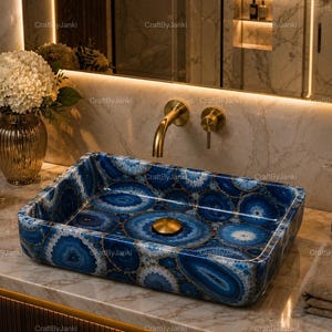 Lavabo vasque rectangulaire de luxe en agate bleue, style pierre, fait main, style moderne, à poser sur un comptoir.