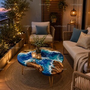 Peut inclure: Une table basse composée d'un plateau en bois à bord naturel avec une incrustation de résine bleue et blanche imitant les vagues de l'océan, reposant sur de fins pieds en métal doré. La table est circulaire avec un bord irrégulier.