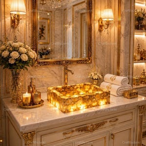 May include: A rectangular, backlit amber-toned stone sink sits on a white marble vanity. The bathroom features a gold-framed mirror, two wall-mounted lamps with pleated shades, a glass vase with white roses, and two white towels with gold embroidery.