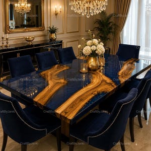 May include: A rectangular dining table featuring a natural live edge wood slab center with a deep blue resin fill, surrounded by eight navy blue upholstered chairs with silver nailhead trim, topped with a glass vase of white flowers.