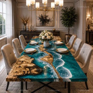 Puede incluir: Una mesa de comedor rectangular con un tablero de madera de borde natural integrado con una resina turquesa vibrante que imita las olas del océano con detalles de espuma blanca. La mesa tiene una base de metal negro en forma de X y ocho sillas beige.