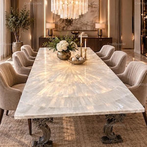 May include: A rectangular dining table with a white, iridescent, sunburst-patterned stone top and two dark, ornate, curved pedestal bases. The table is surrounded by eight beige, upholstered, channel-tufted chairs with dark wooden legs.